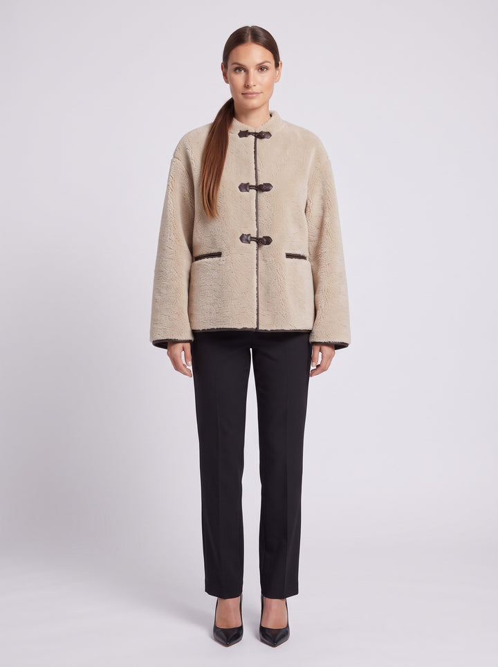 Women's Toggle Teddy Coat with Contrast Trim in beige