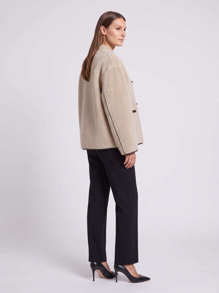 Women's Toggle Teddy Coat with Contrast Trim in beige