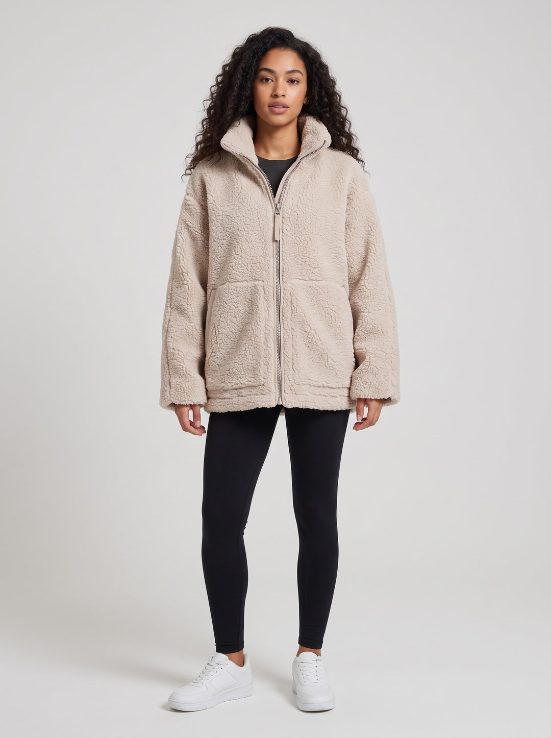 Women's Oversized Teddy Fleece Zip Jacket in beige