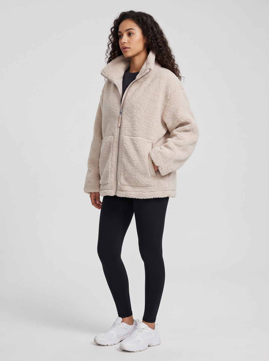 Women's Oversized Teddy Fleece Zip Jacket in beige