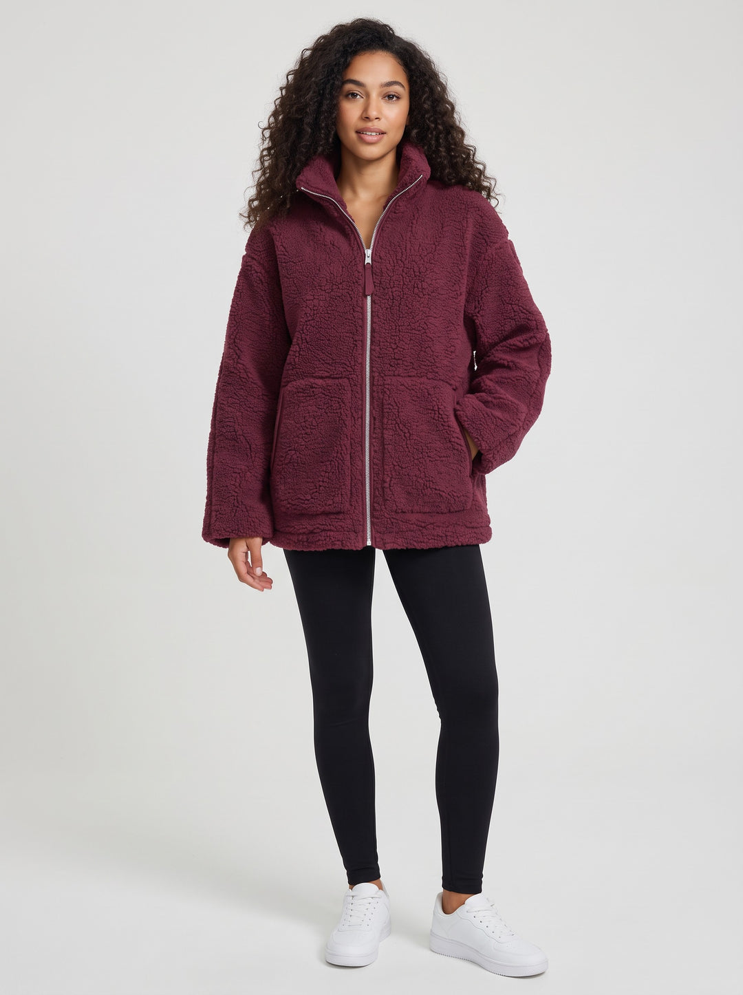 Women's Oversized Teddy Fleece Zip Jacket in burgundy