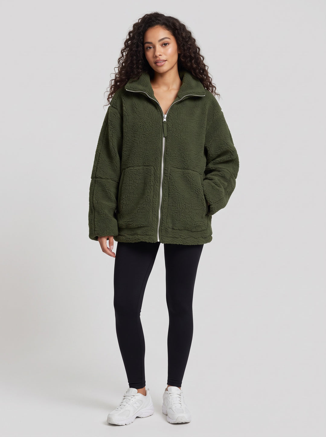 Women's Oversized Teddy Fleece Zip Jacket in green
