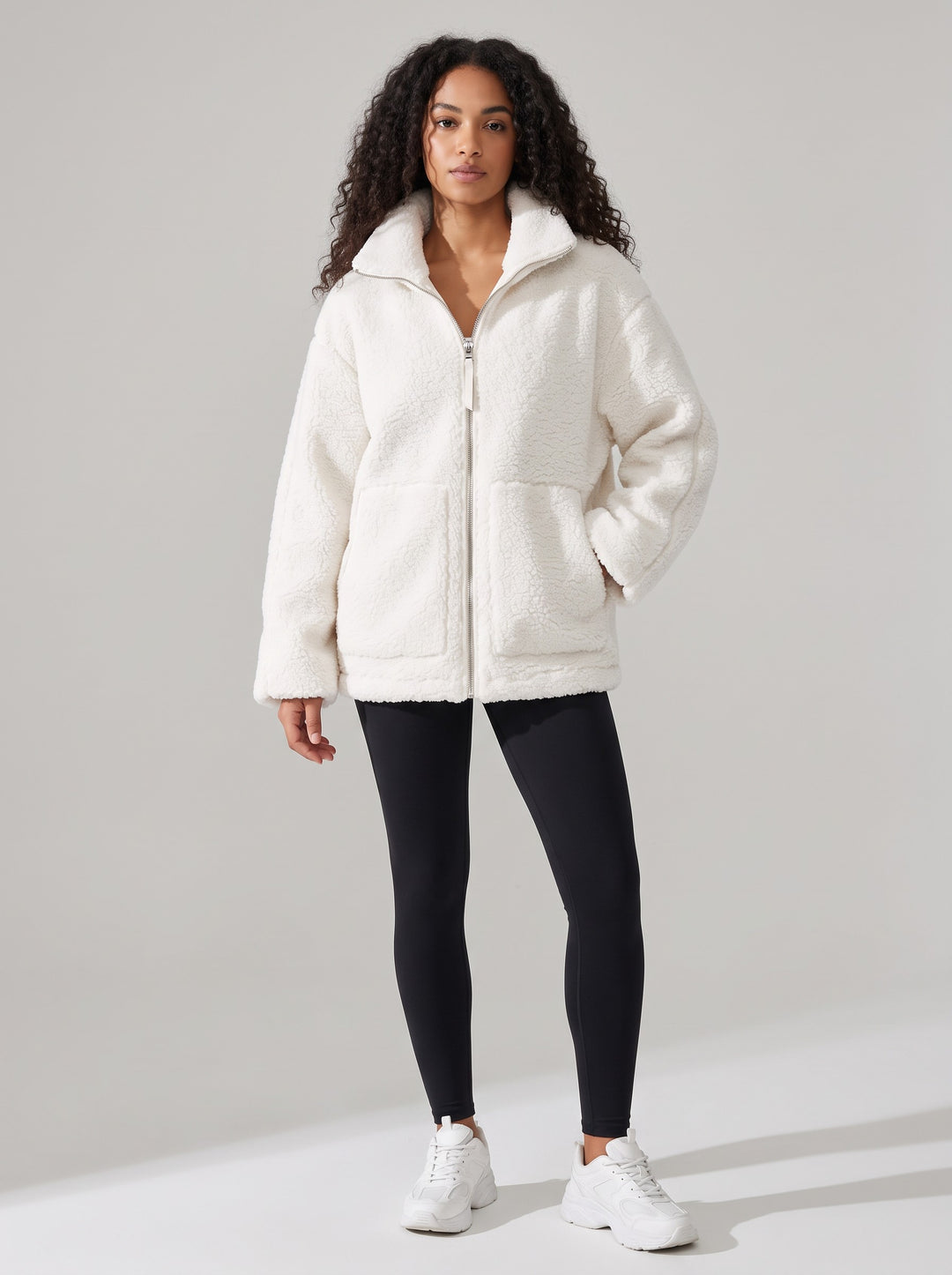 Women's Oversized Teddy Fleece Zip Jacket in white