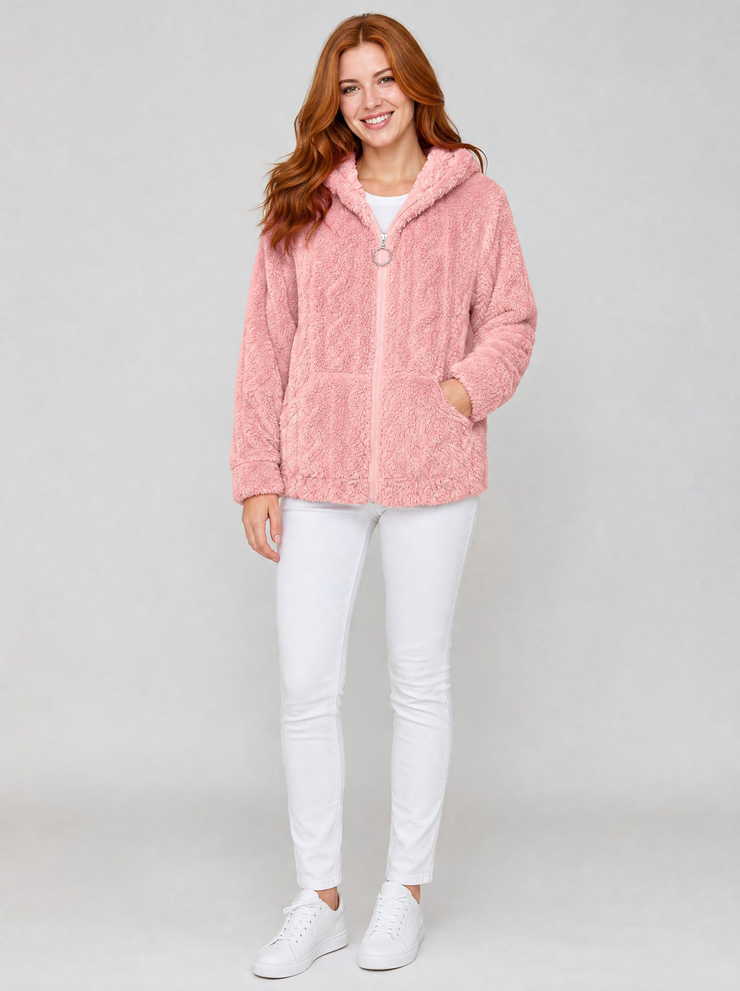 Women's Textured Teddy Fleece Jacket in pink