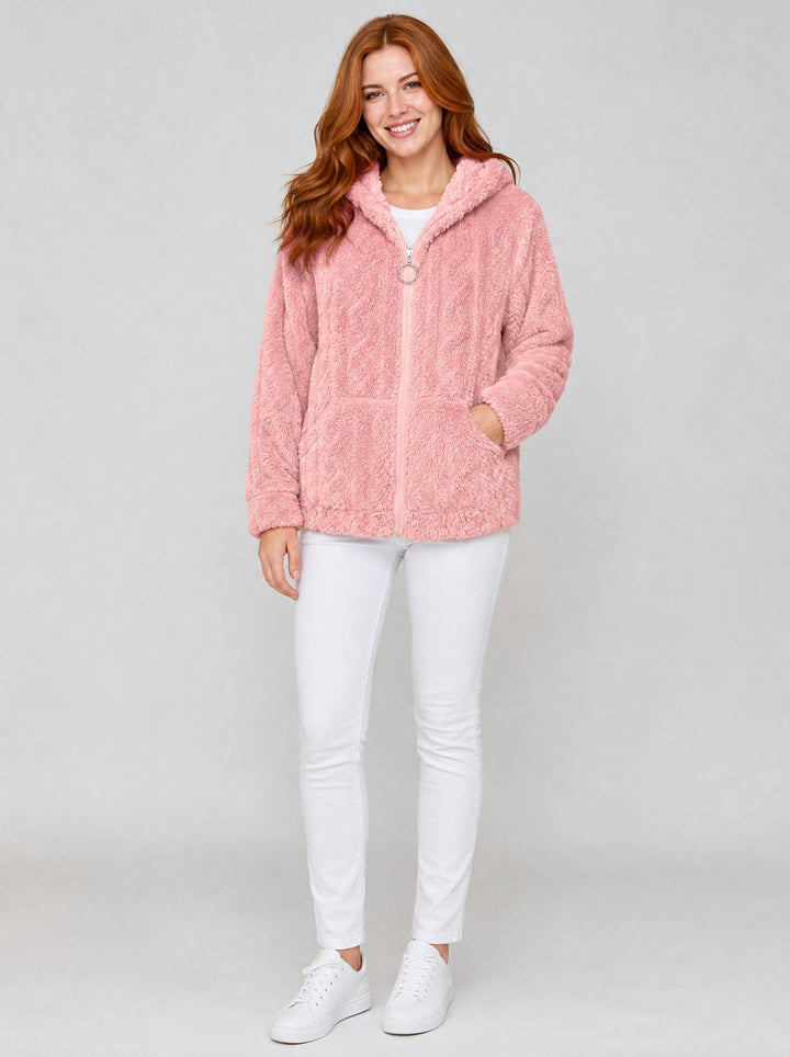 Women's Textured Teddy Fleece Jacket in pink