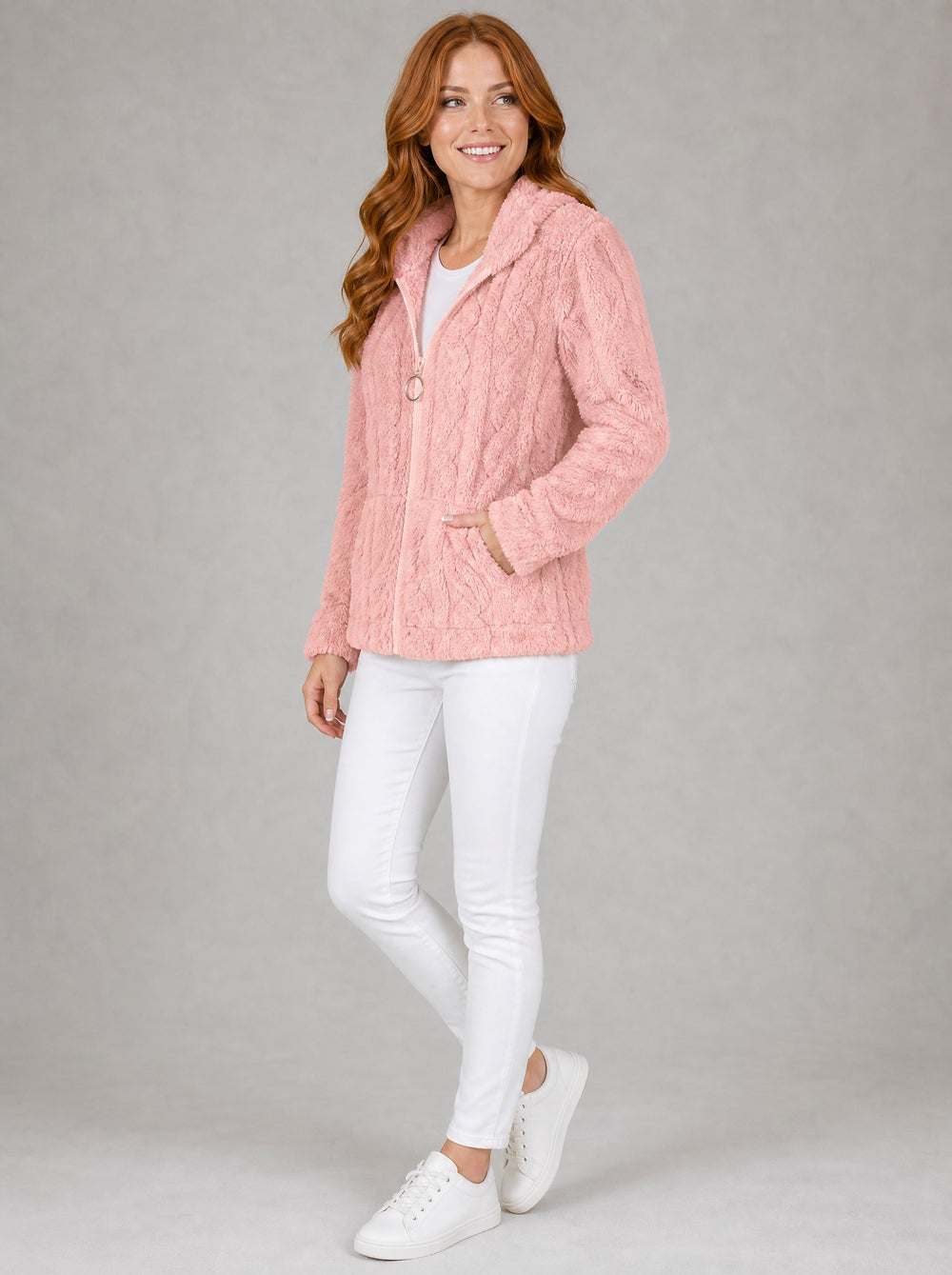 Women's Textured Teddy Fleece Jacket in pink