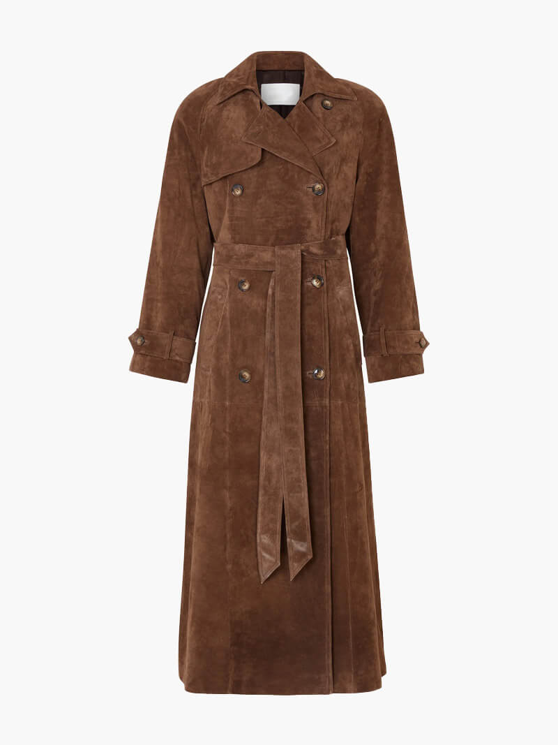 Women's long brown double-breasted trench coat with tie belt