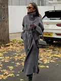 Women's grey long belted coat with stand collar and button front