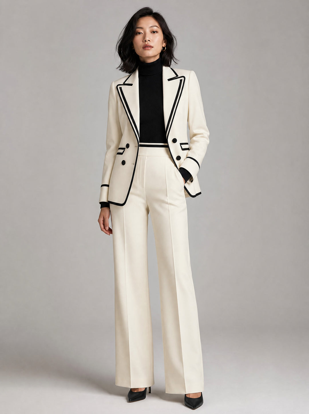 Women's Contrast Trim Blazer and Trouser Set in ivory