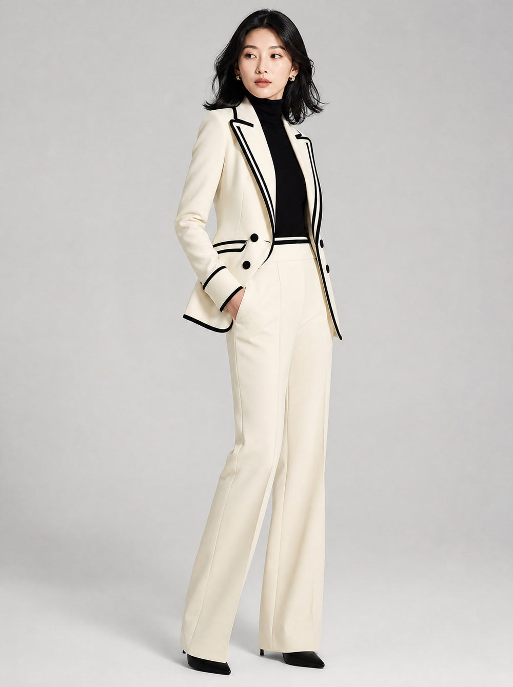 Women's Contrast Trim Blazer and Trouser Set in ivory