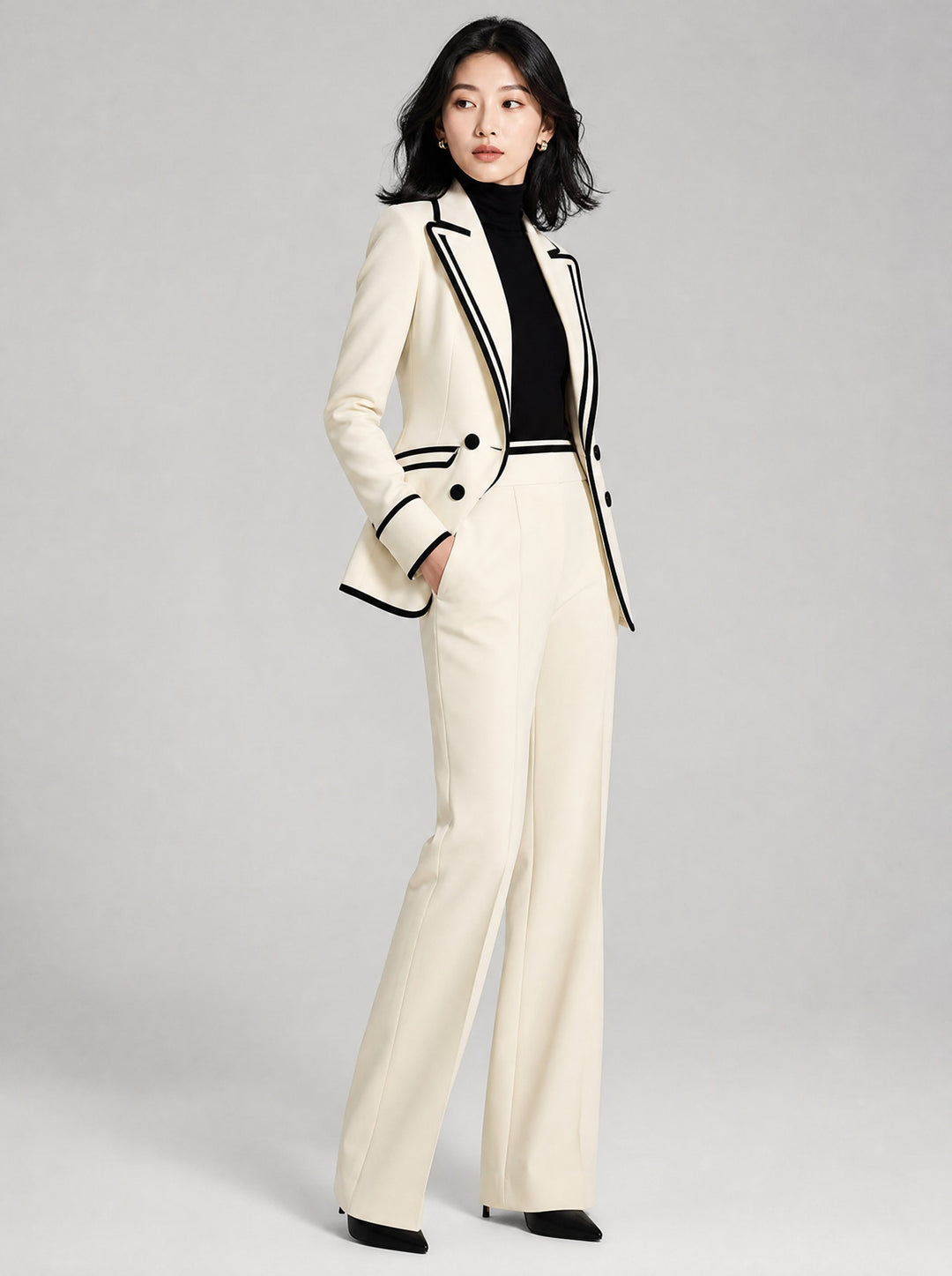 Women's Contrast Trim Blazer and Trouser Set in ivory