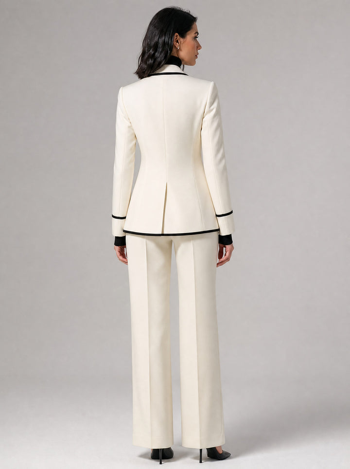 Women's Contrast Trim Blazer and Trouser Set in ivory