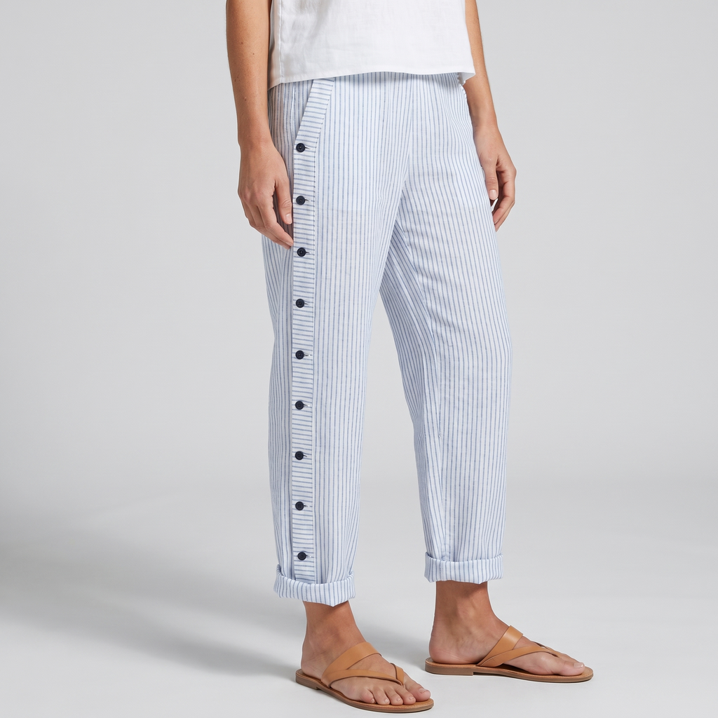 Women's striped cropped trousers with button side panels and turned-up cuffs