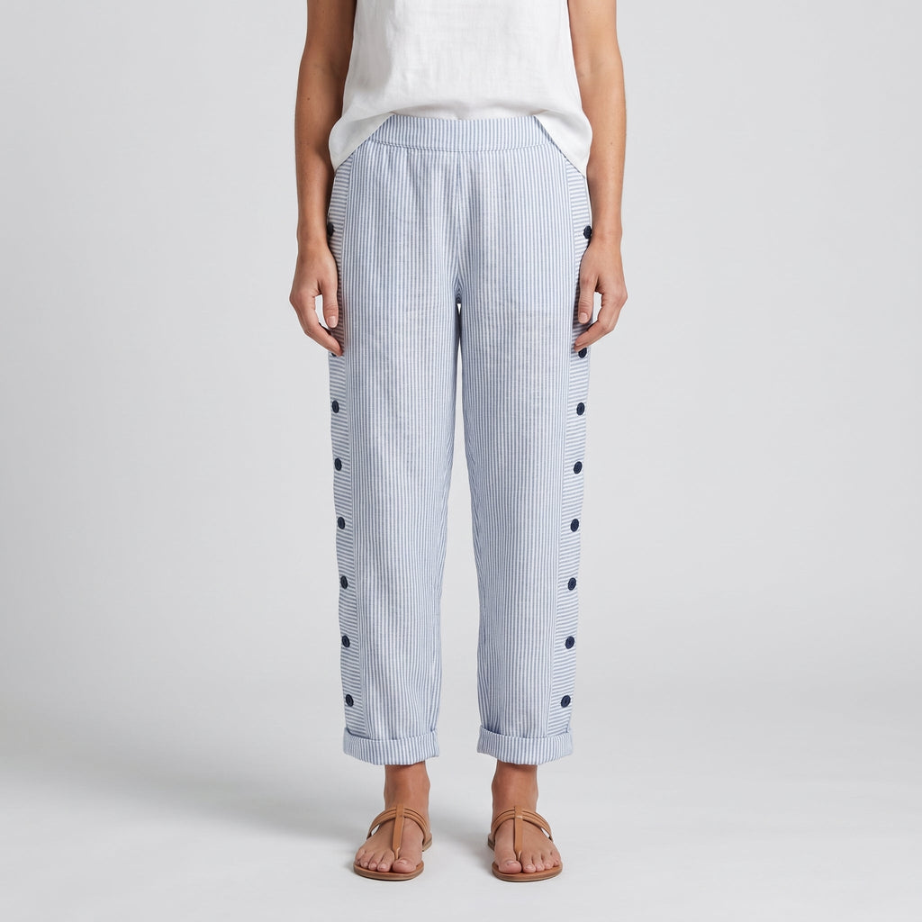 Women's striped cropped trousers with button side panels and turned-up cuffs