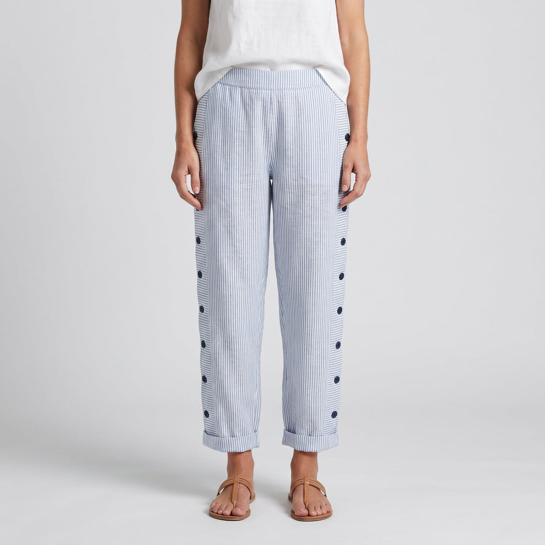 Women's striped cropped trousers with button side panels and turned-up cuffs