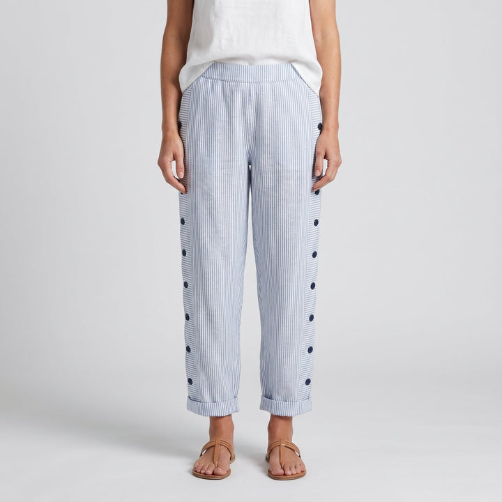 Women's striped cropped trousers with button side panels and turned-up cuffs