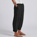Women's striped cropped trousers with button side panels and turned-up cuffs