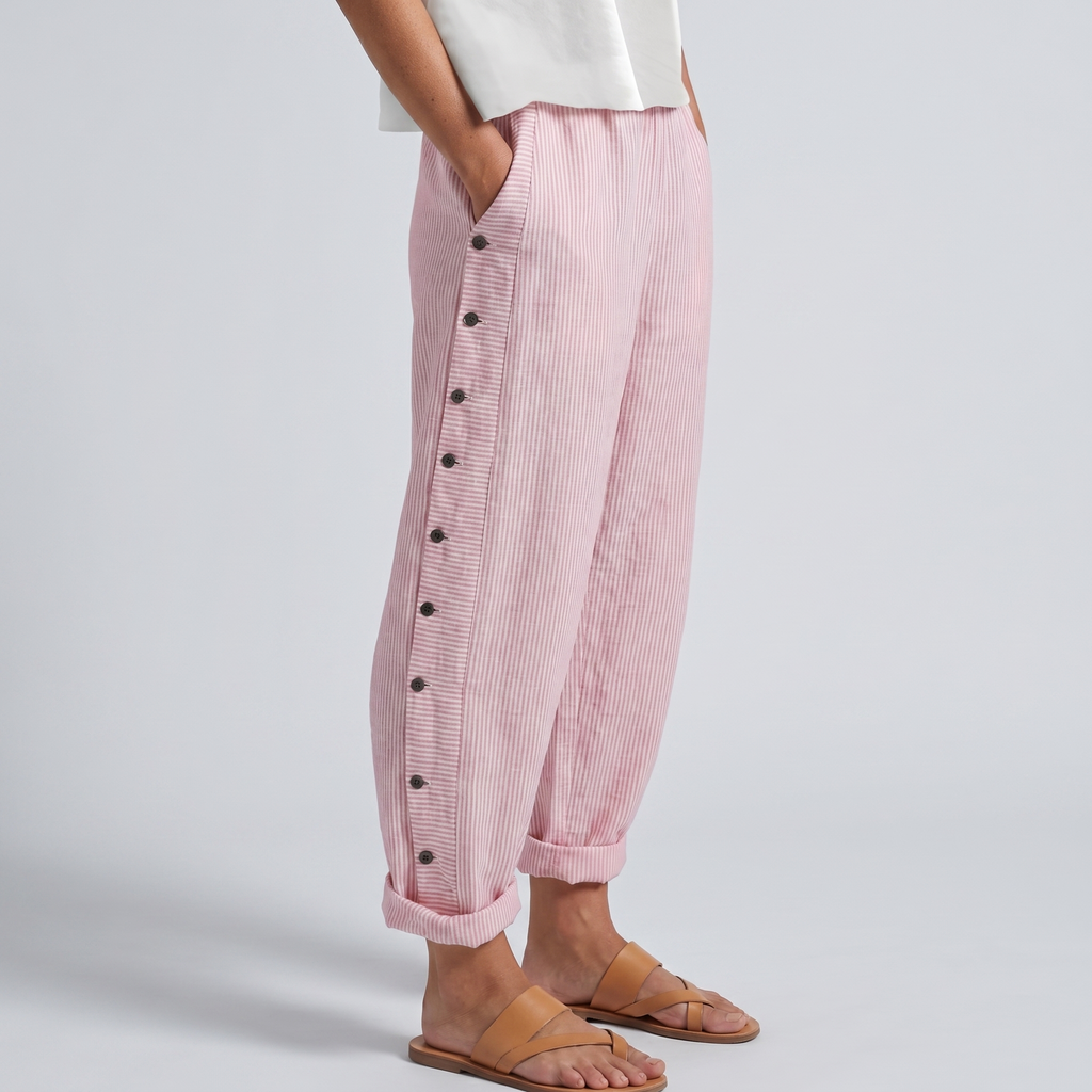 Women's striped cropped trousers with button side panels and turned-up cuffs