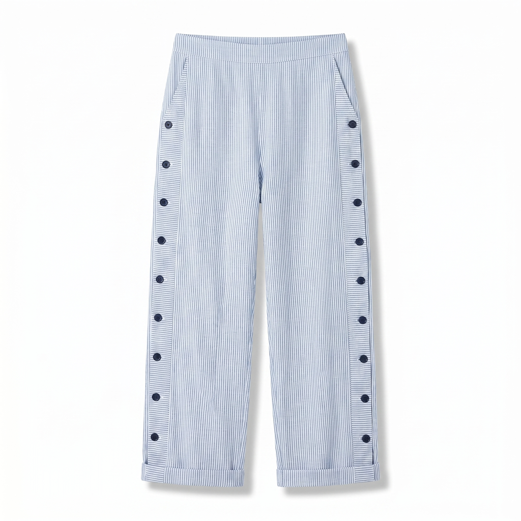 Women's striped cropped trousers with button side panels and turned-up cuffs