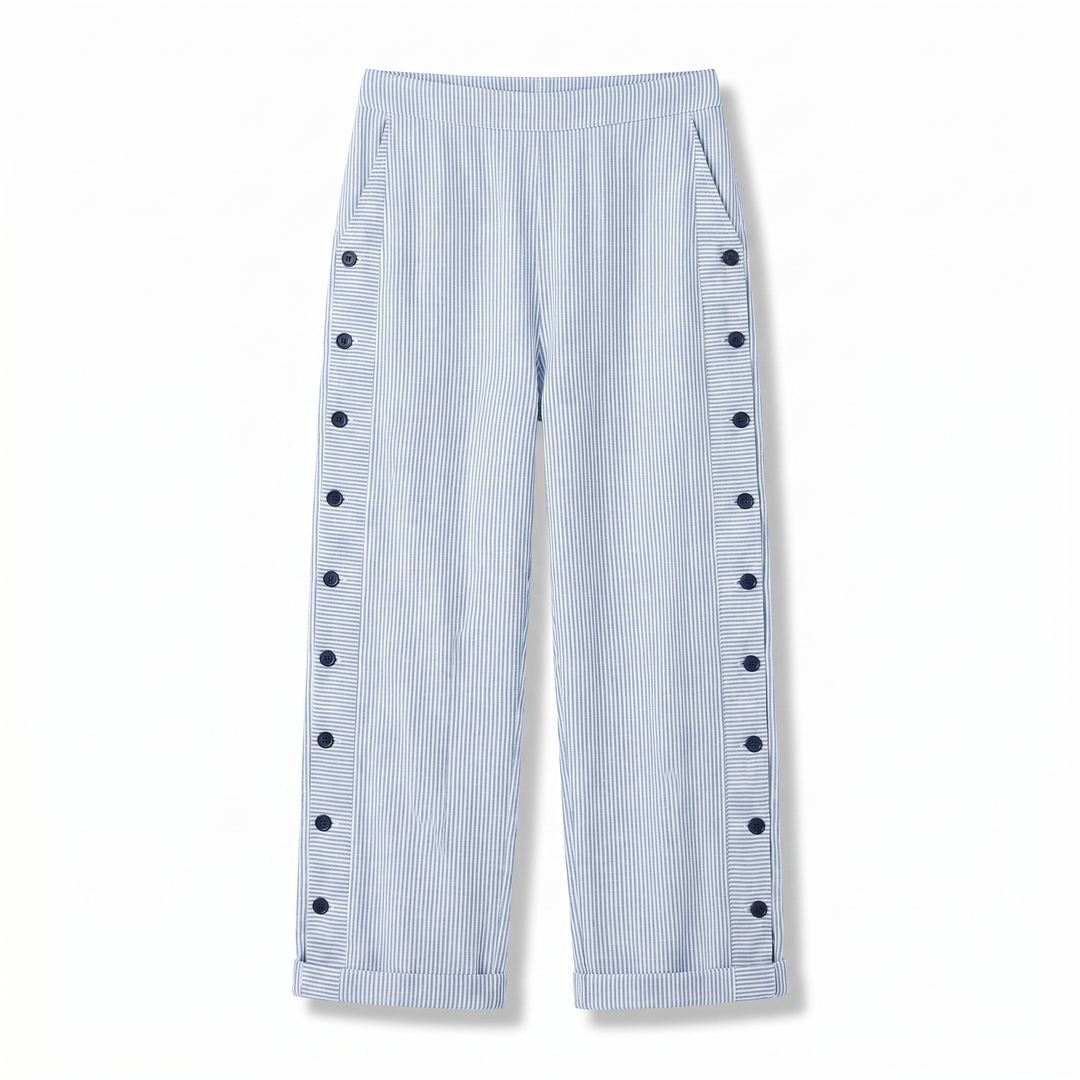Women's striped cropped trousers with button side panels and turned-up cuffs
