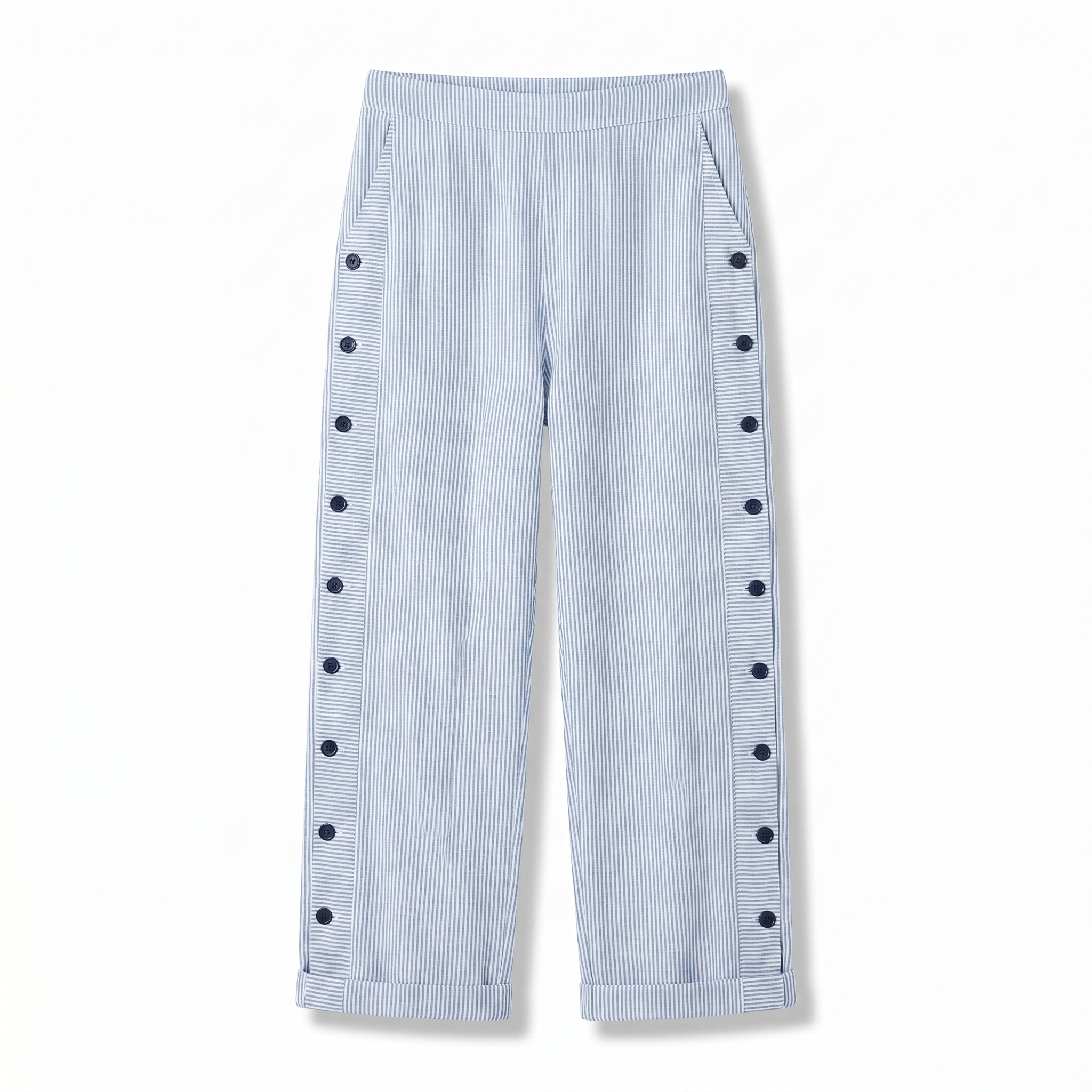 Women's striped cropped trousers with button side panels and turned-up cuffs