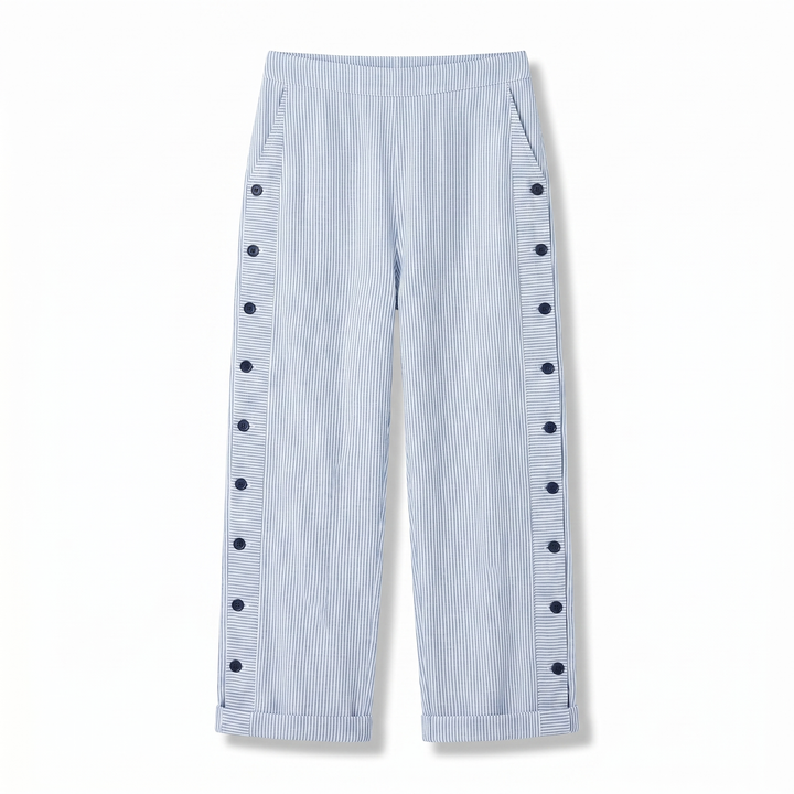Women's striped cropped trousers with button side panels and turned-up cuffs