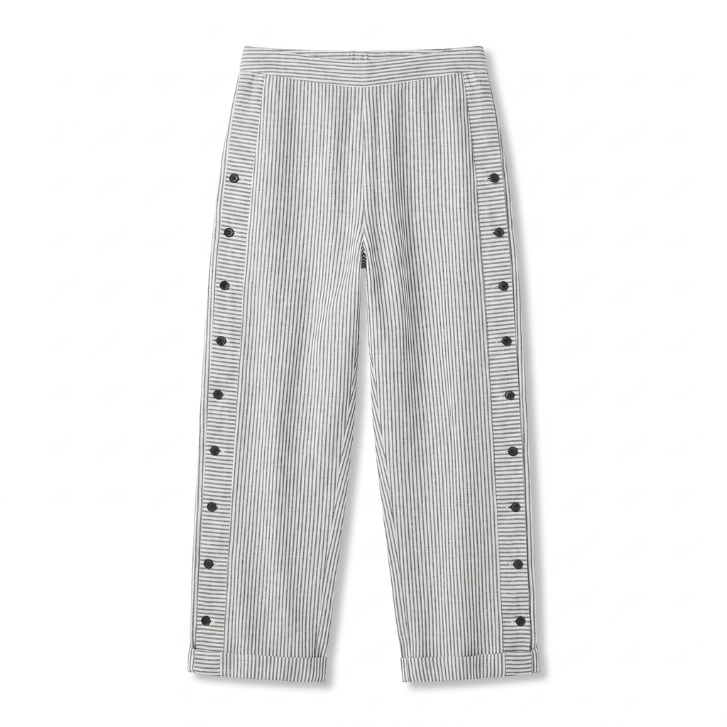 Women's striped cropped trousers with button side panels and turned-up cuffs
