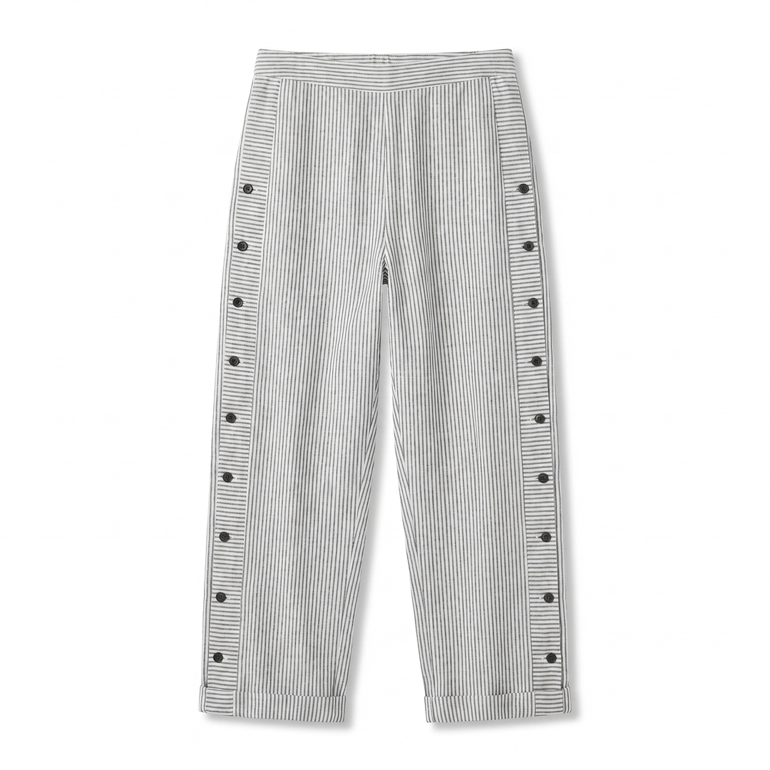 Women's striped cropped trousers with button side panels and turned-up cuffs
