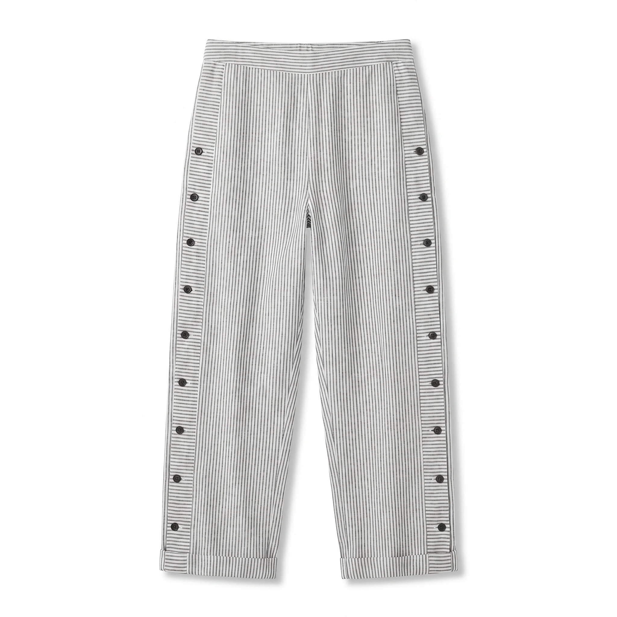 Women's striped cropped trousers with button side panels and turned-up cuffs