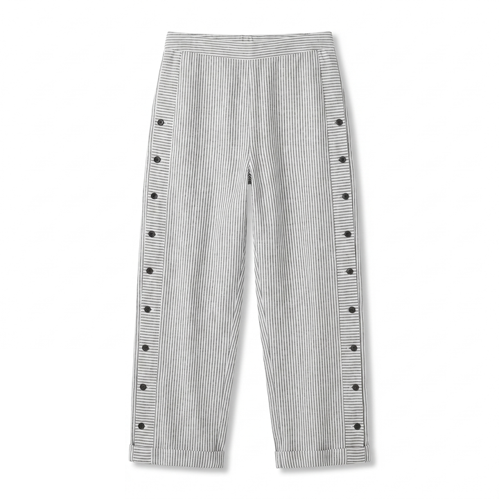 Women's striped cropped trousers with button side panels and turned-up cuffs