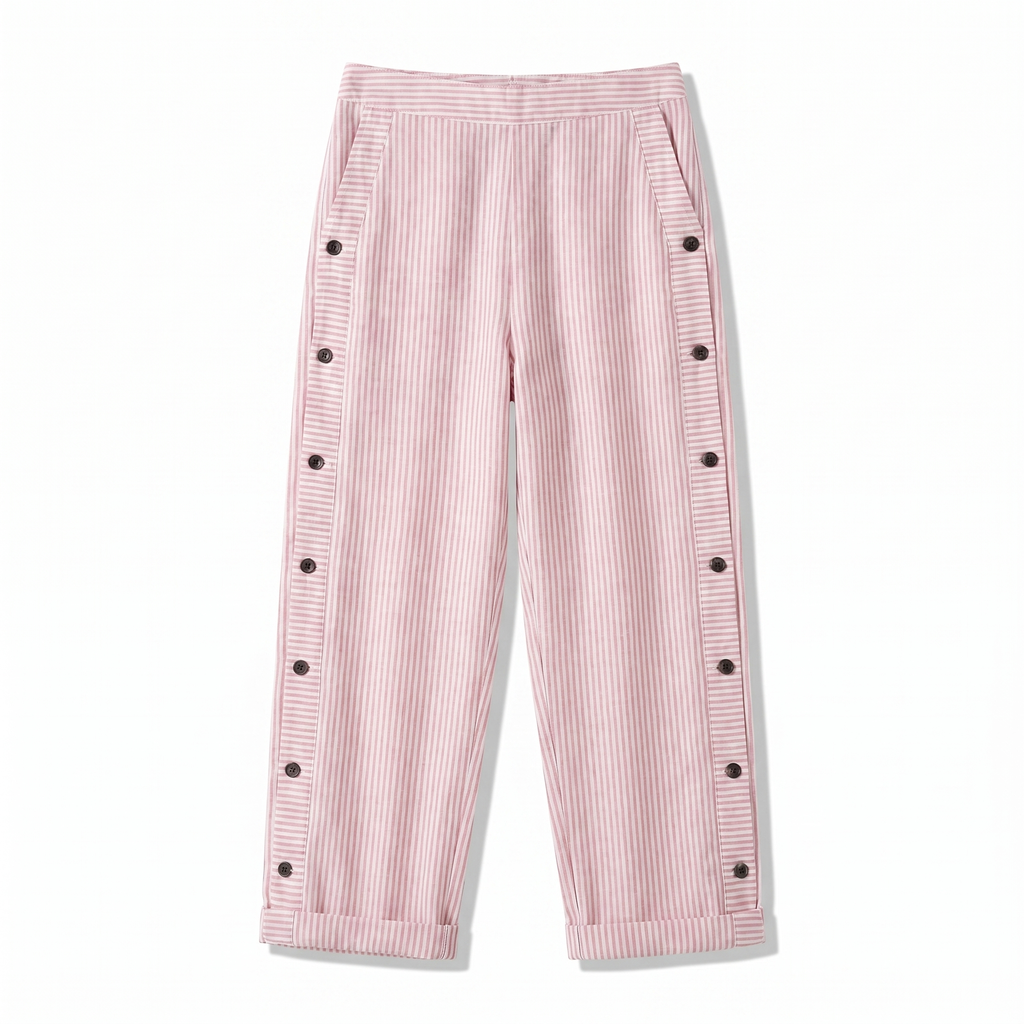 Women's striped cropped trousers with button side panels and turned-up cuffs