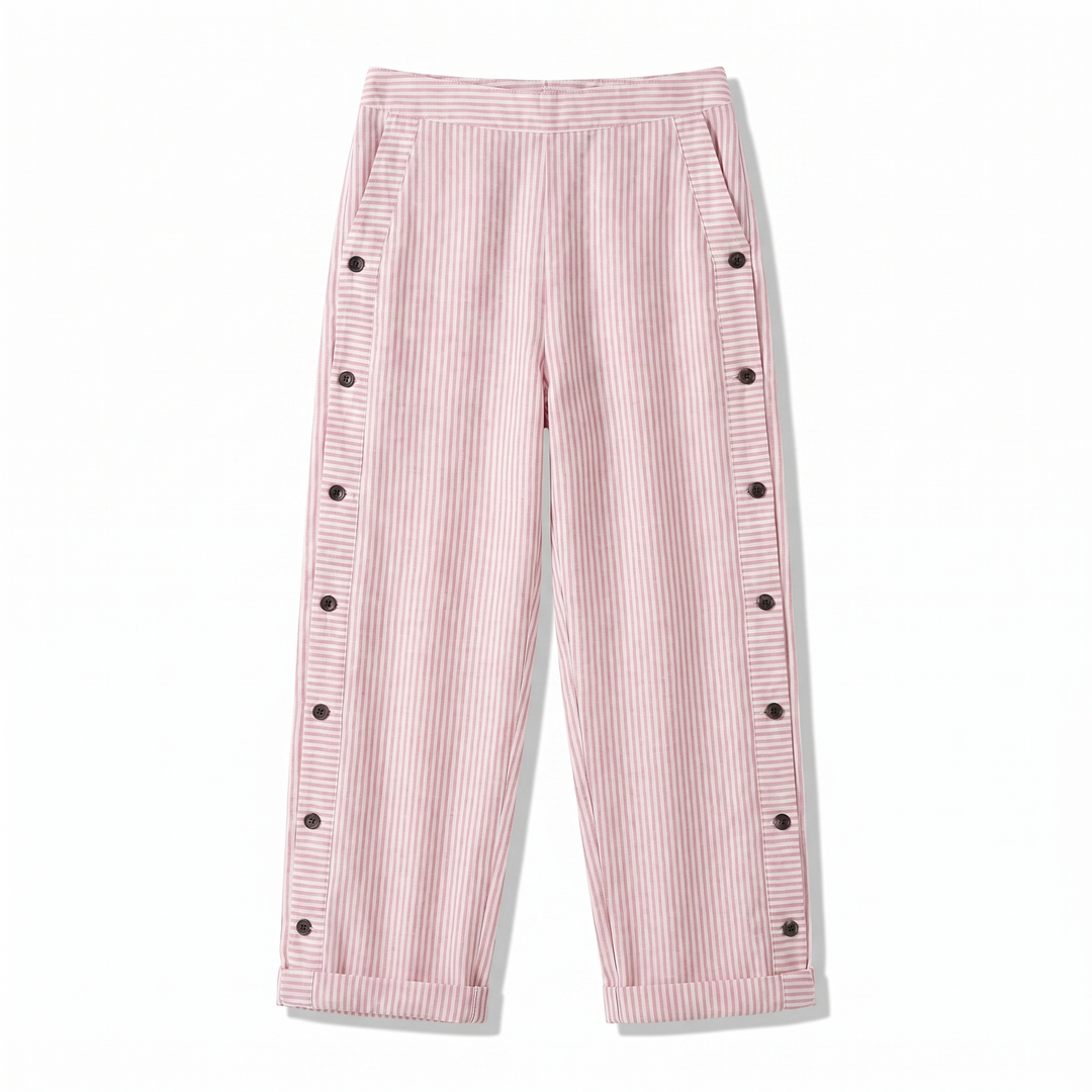 Women's striped cropped trousers with button side panels and turned-up cuffs