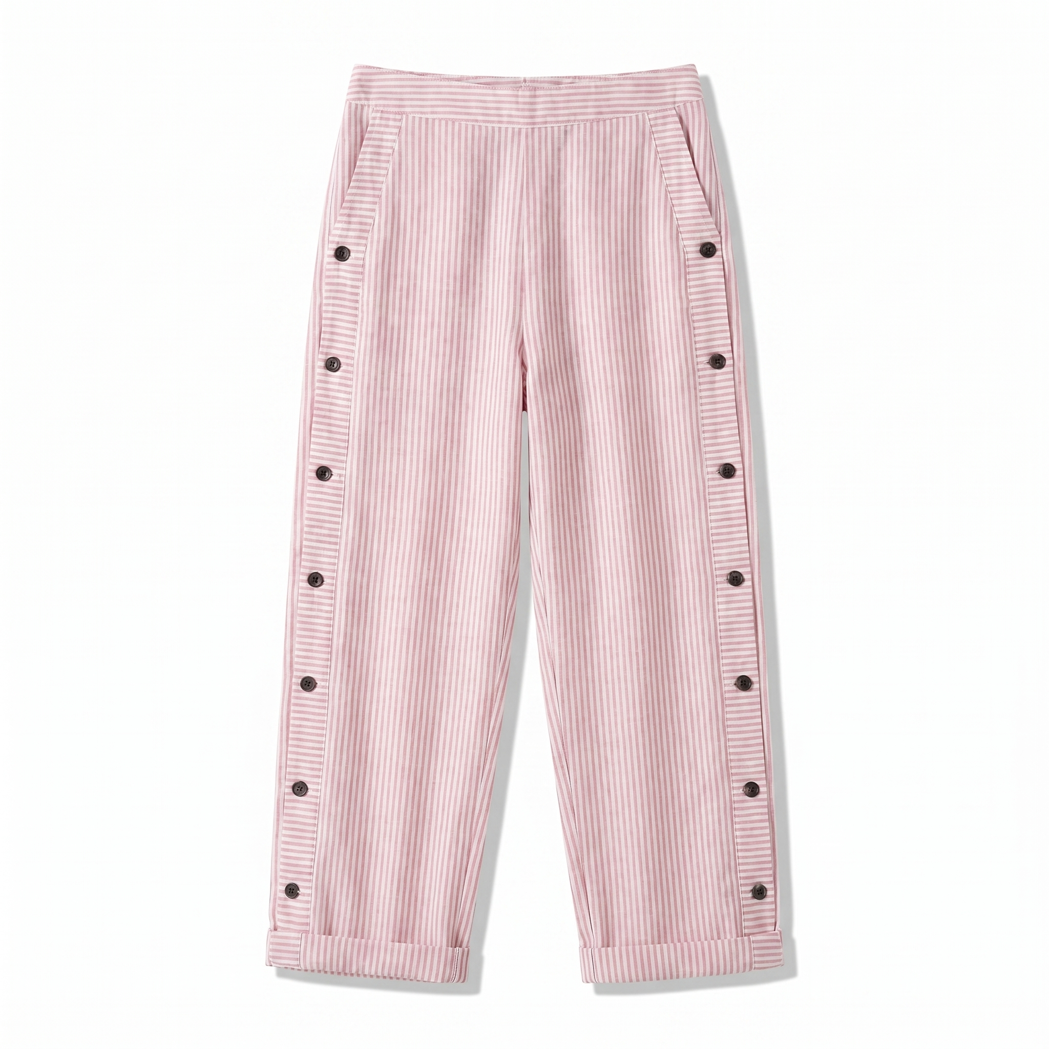 Women's striped cropped trousers with button side panels and turned-up cuffs