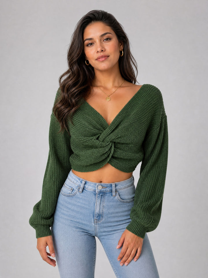 Women's Twist-Front Cropped Jumper in dark green