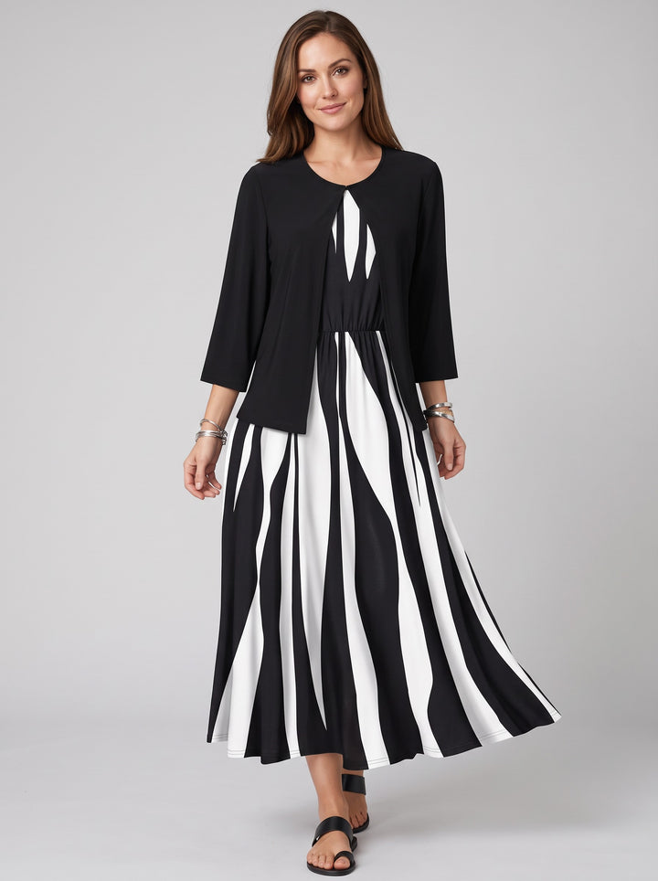 Women's Striped Dress and Jacket Set in black