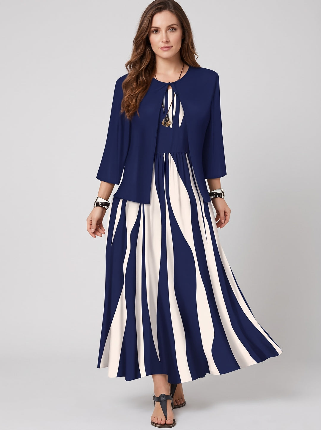 Women's Striped Dress and Jacket Set in navy