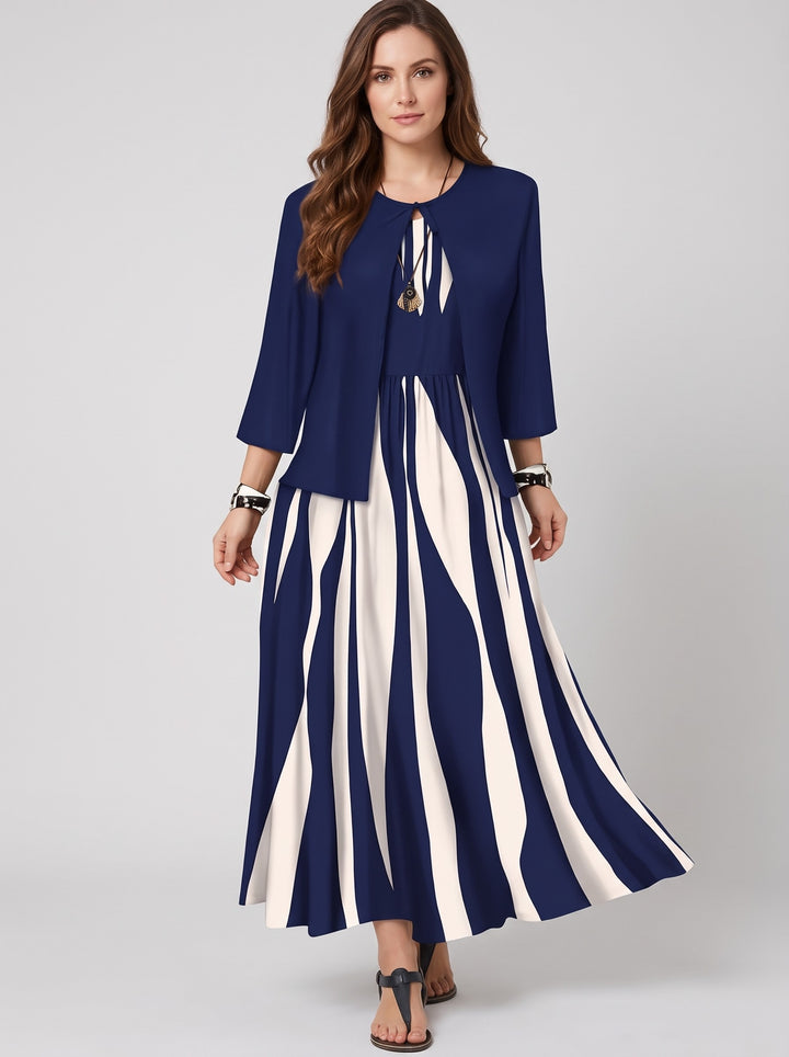 Women's Striped Dress and Jacket Set in navy