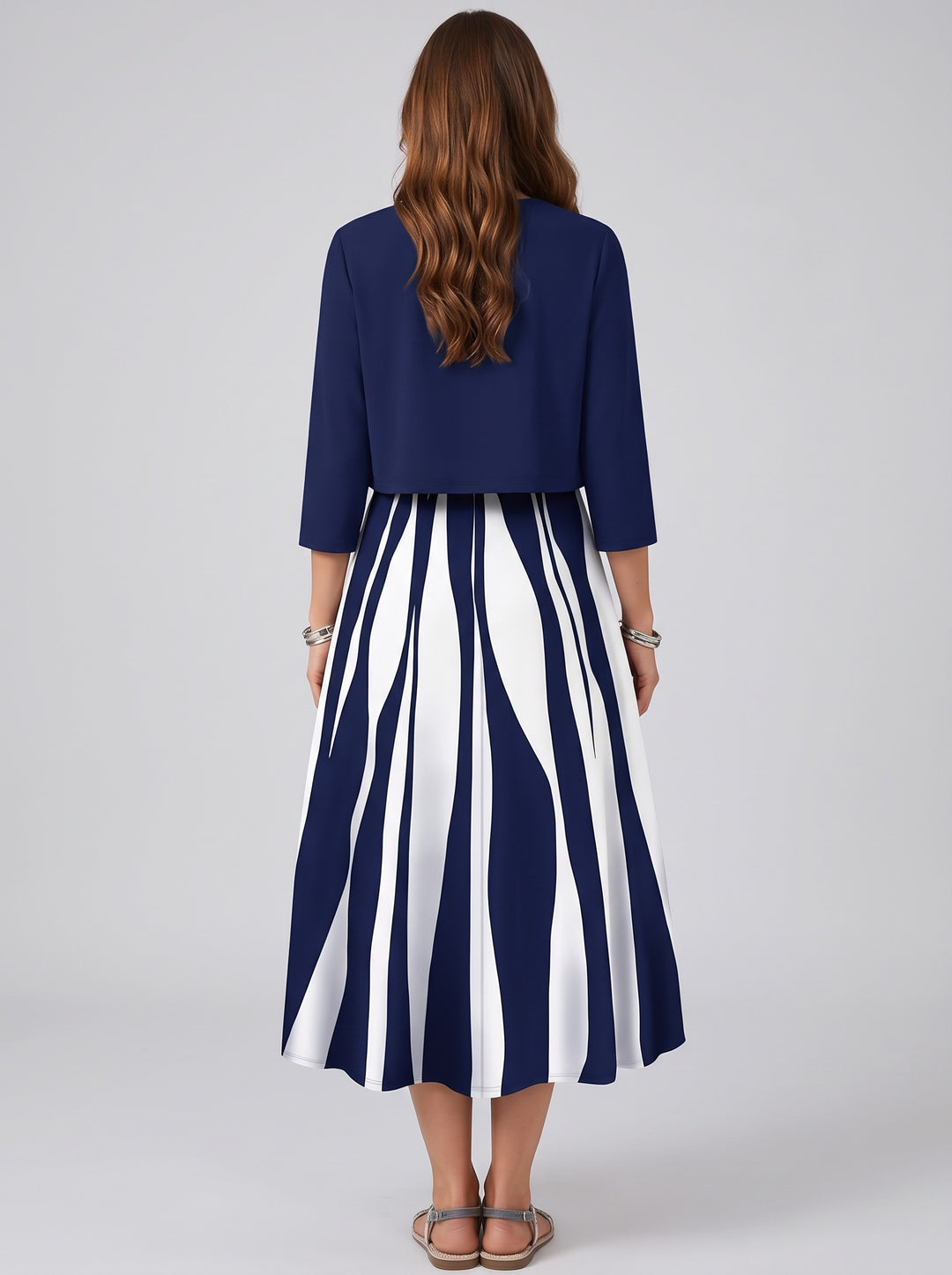 Women's Striped Dress and Jacket Set in navy
