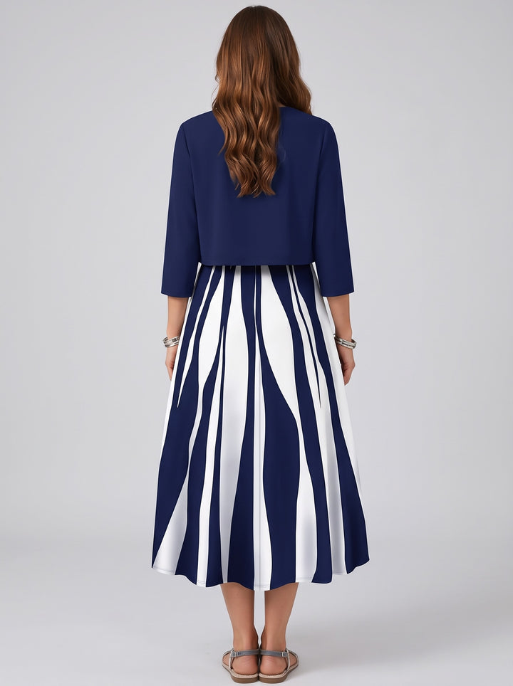 Women's Striped Dress and Jacket Set in navy