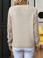 Women's V-neck jumper with long openwork sleeves and ribbed trims