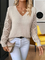 Women's V-neck jumper with long openwork sleeves and ribbed trims