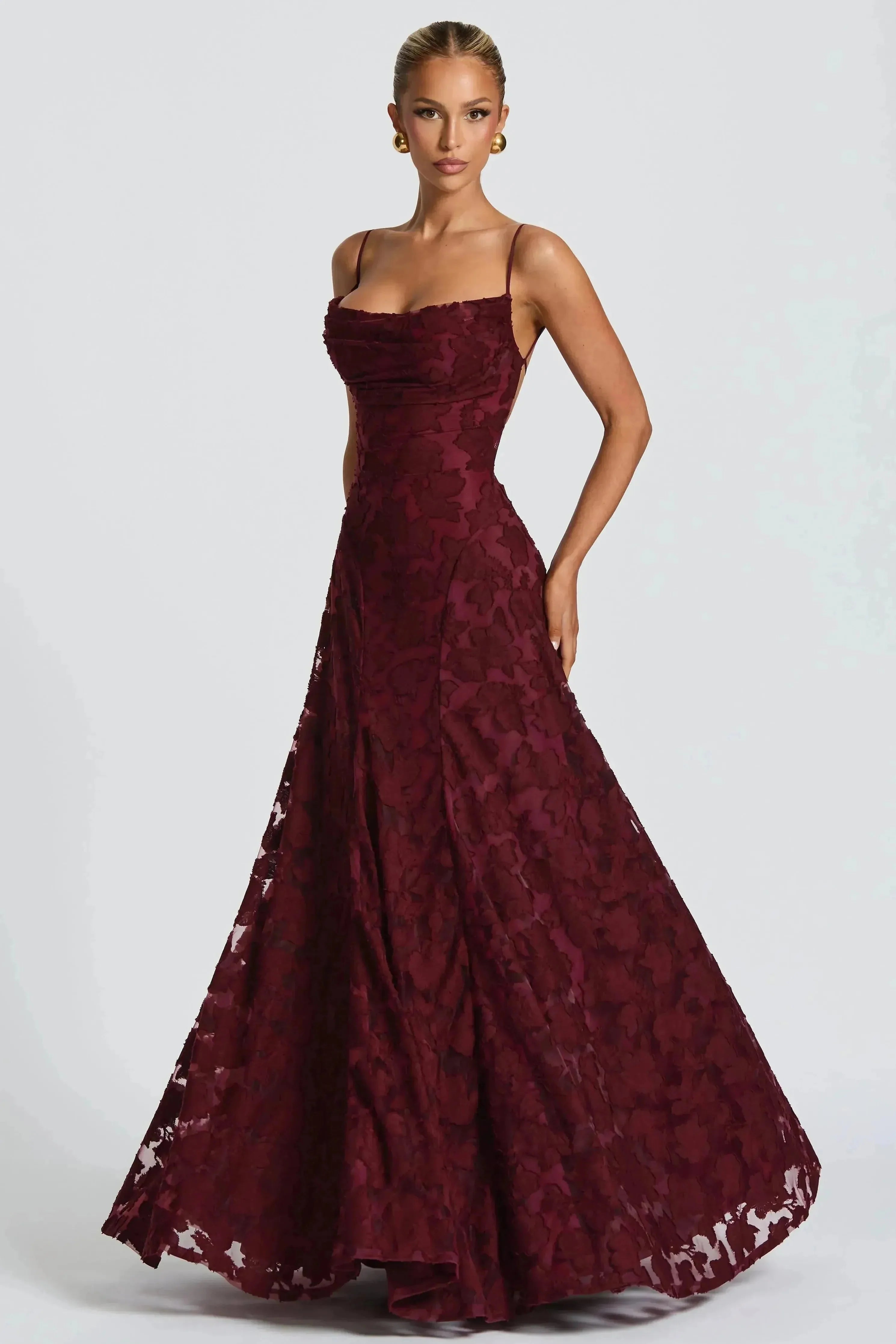 Women's floral cowl neck maxi dress with spaghetti straps and flared skirt