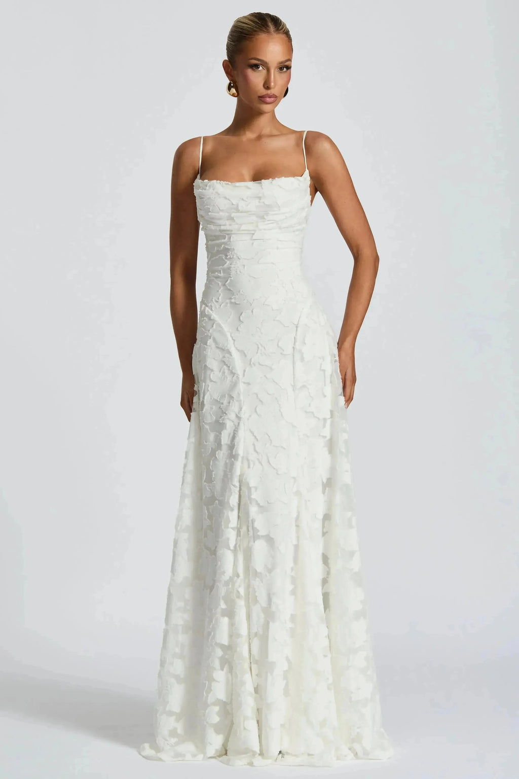 Women's floral cowl neck maxi dress with spaghetti straps and flared skirt