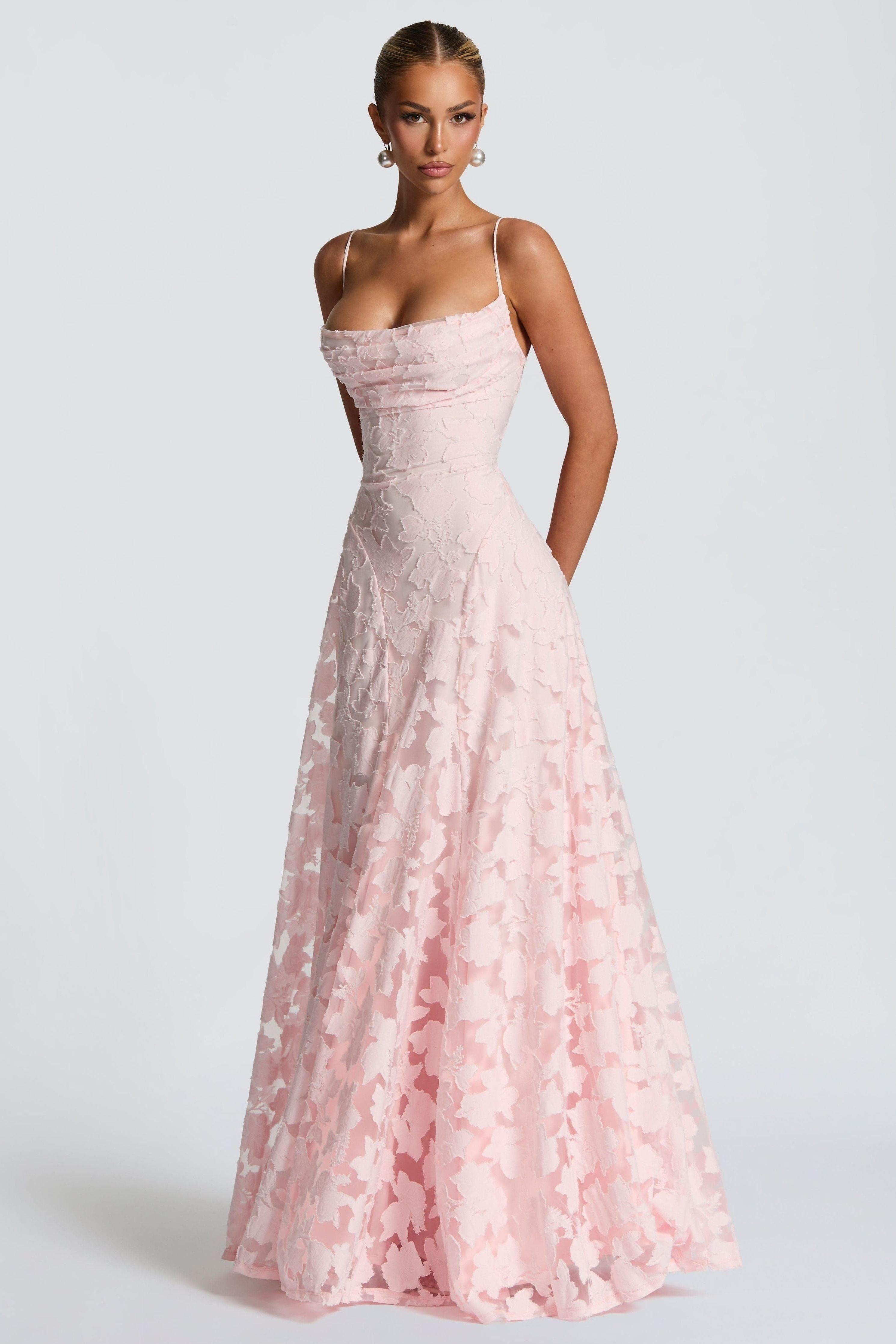 Women's floral cowl neck maxi dress with spaghetti straps and flared skirt