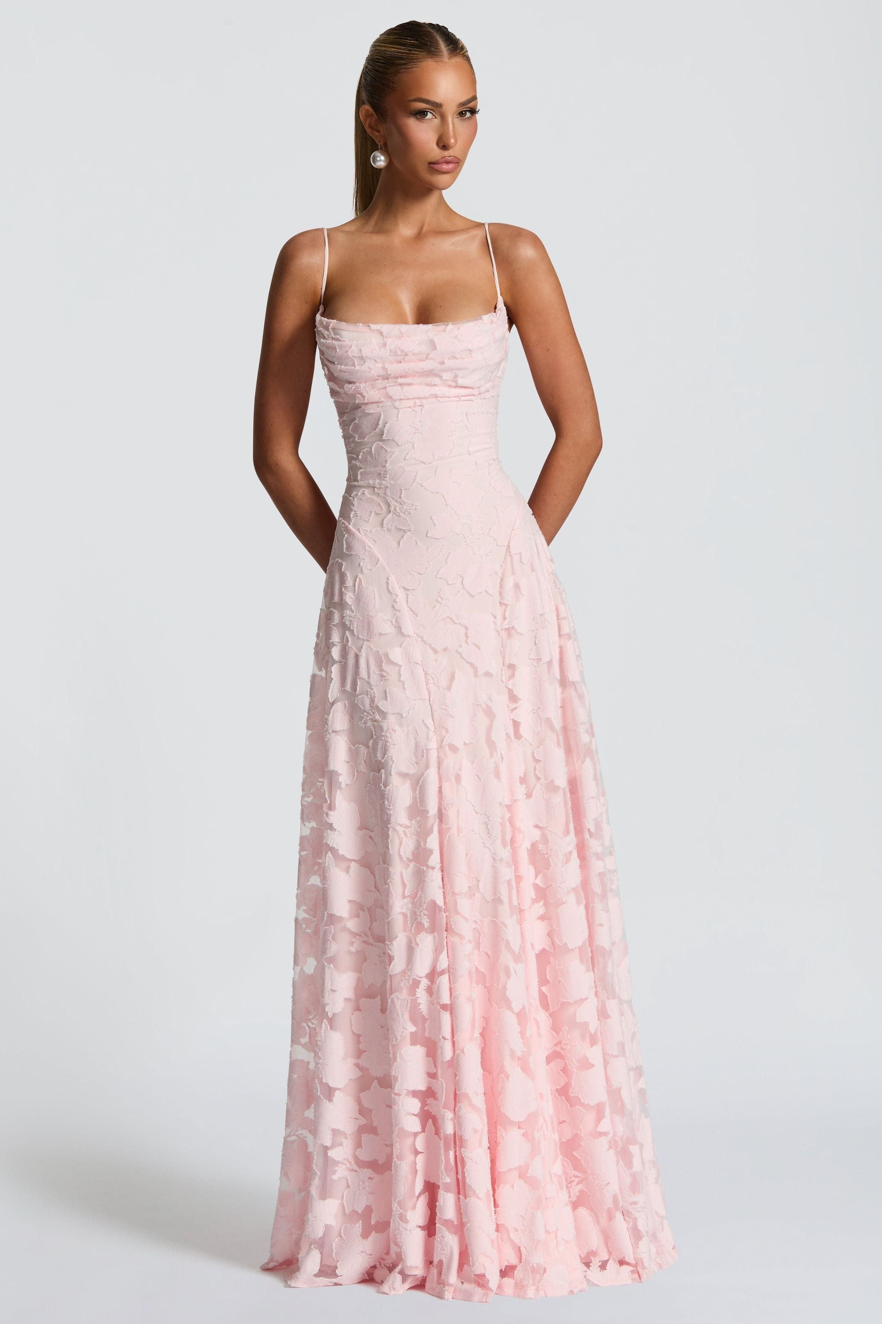Women's floral cowl neck maxi dress with spaghetti straps and flared skirt