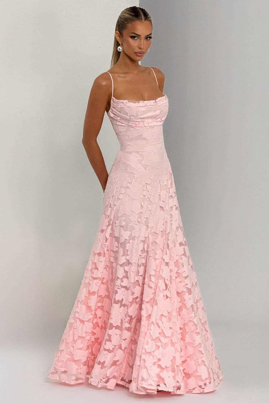 Women's floral cowl neck maxi dress with spaghetti straps and flared skirt