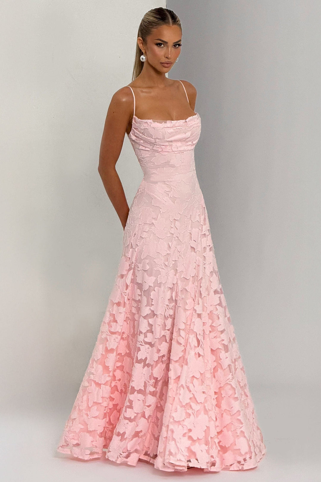 Women's floral cowl neck maxi dress with spaghetti straps and flared skirt