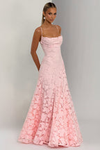 Women's floral cowl neck maxi dress with spaghetti straps and flared skirt