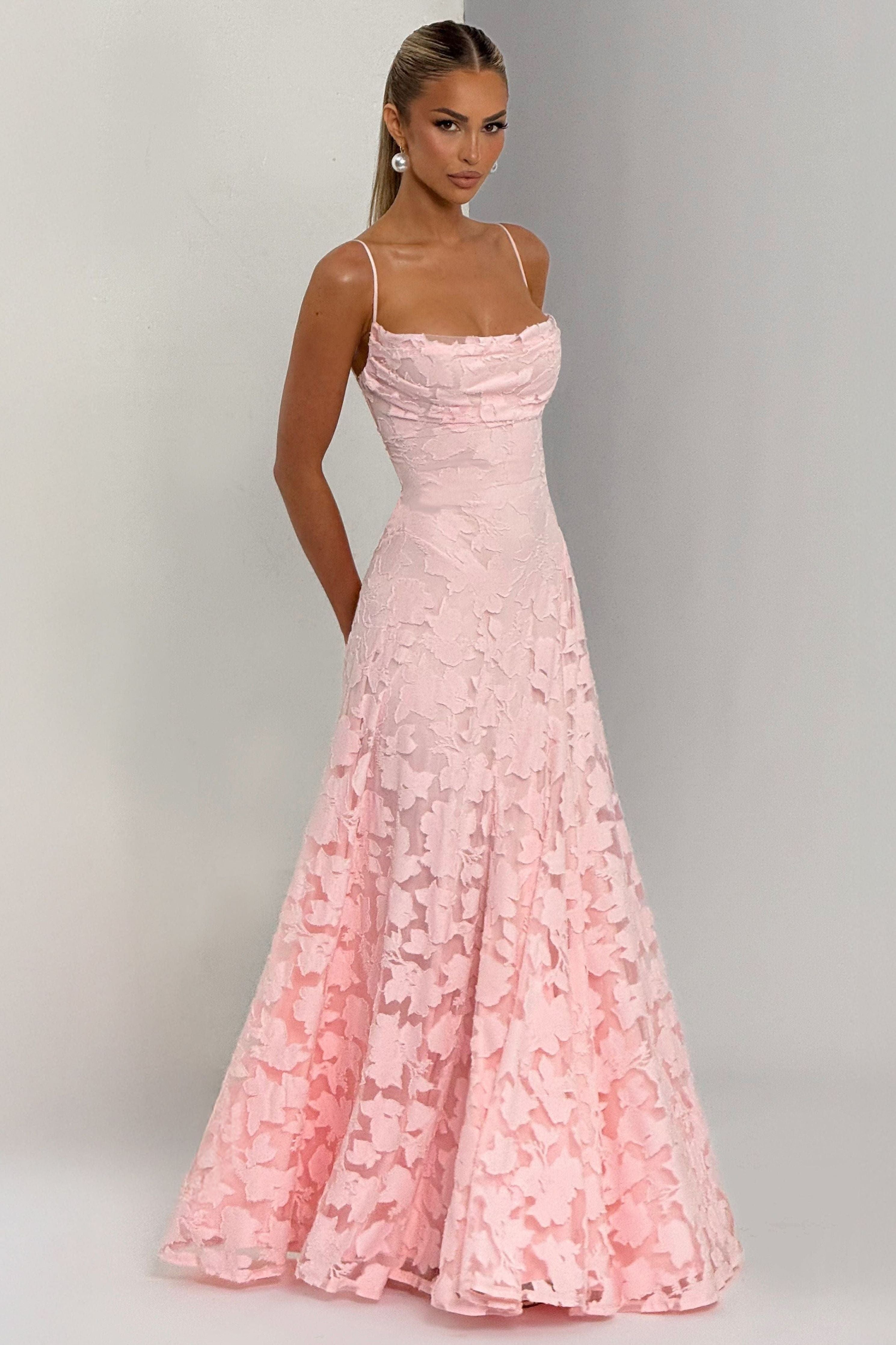 Women's floral cowl neck maxi dress with spaghetti straps and flared skirt