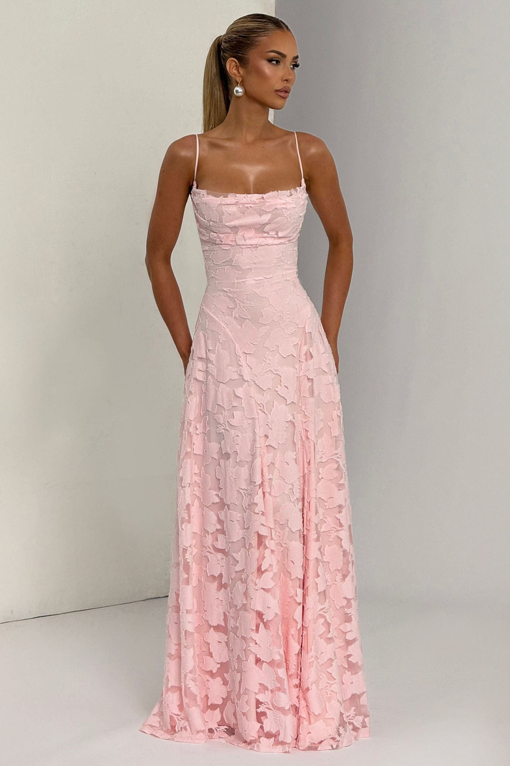 Women's floral cowl neck maxi dress with spaghetti straps and flared skirt
